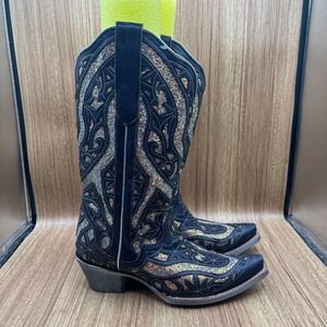J.B. Dillon Western Boots Womens 11 Black Glitter Snip Toe Leather Worn One time